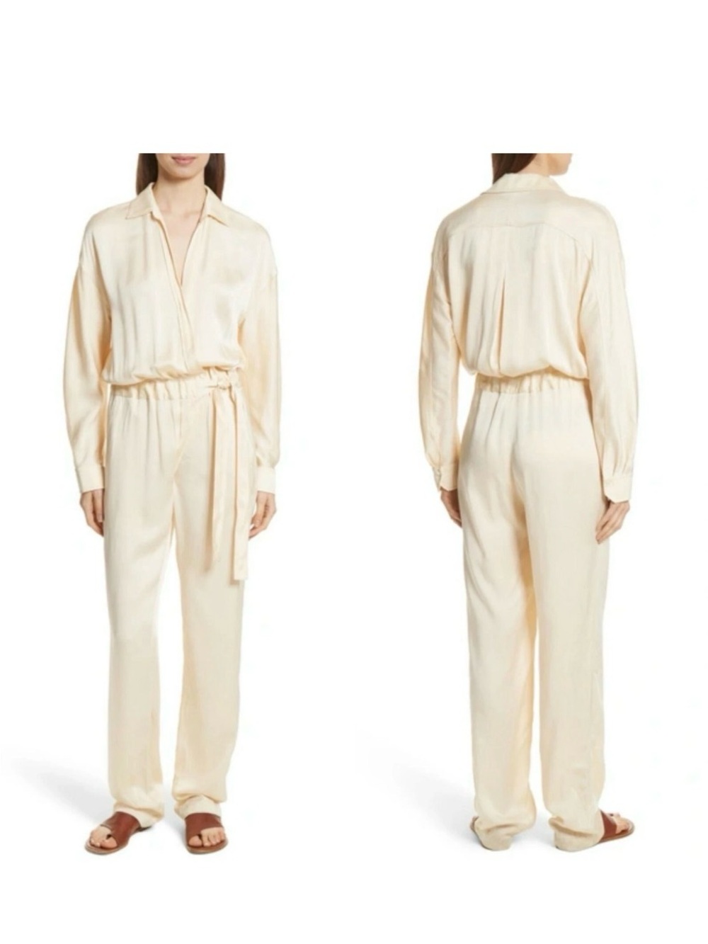 Vince Cream Collared Long-Sleeve Jumpsuit